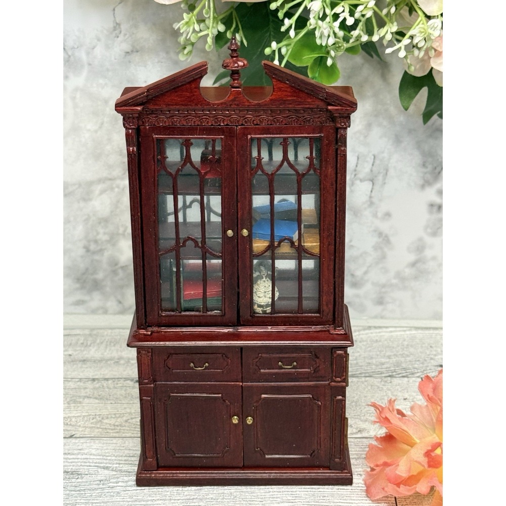 Bespaq Dollhouse Miniature Mahogany China Curio Cabinet Goebel Figurine Book Lot